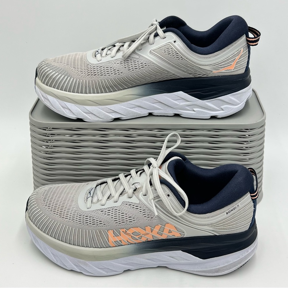 Hoka One One Bondi 7 Blue Grey Running Shoes Size 10 WIDE NO INSOLES